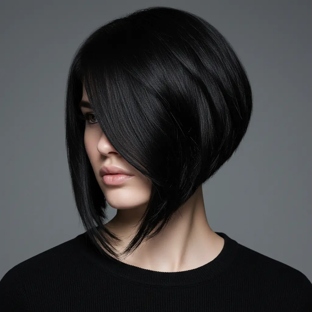 Jet Black Inverted Bob with Long Side Bangs