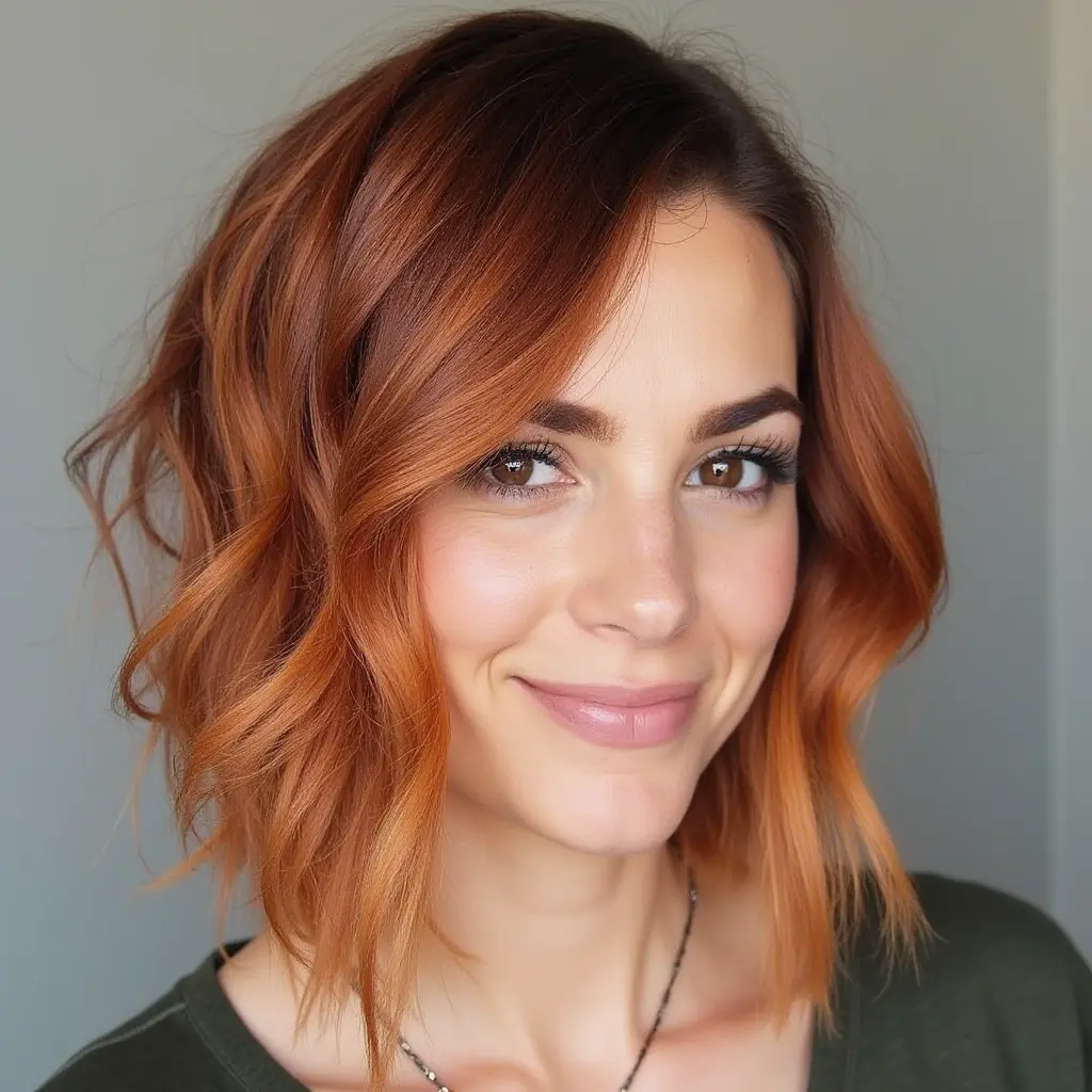 Copper Side Parted Wavy Bob Cut
