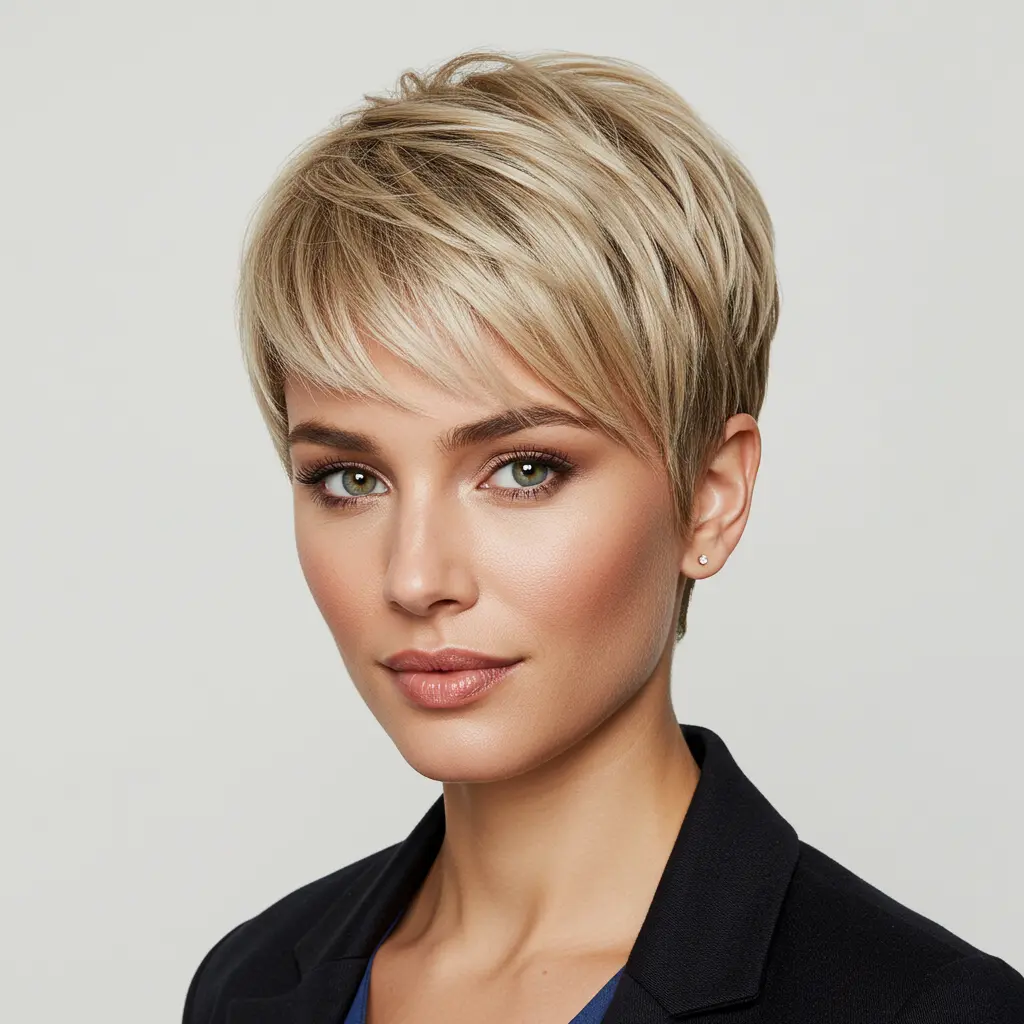 Blonde Pixie with Bottleneck Bangs