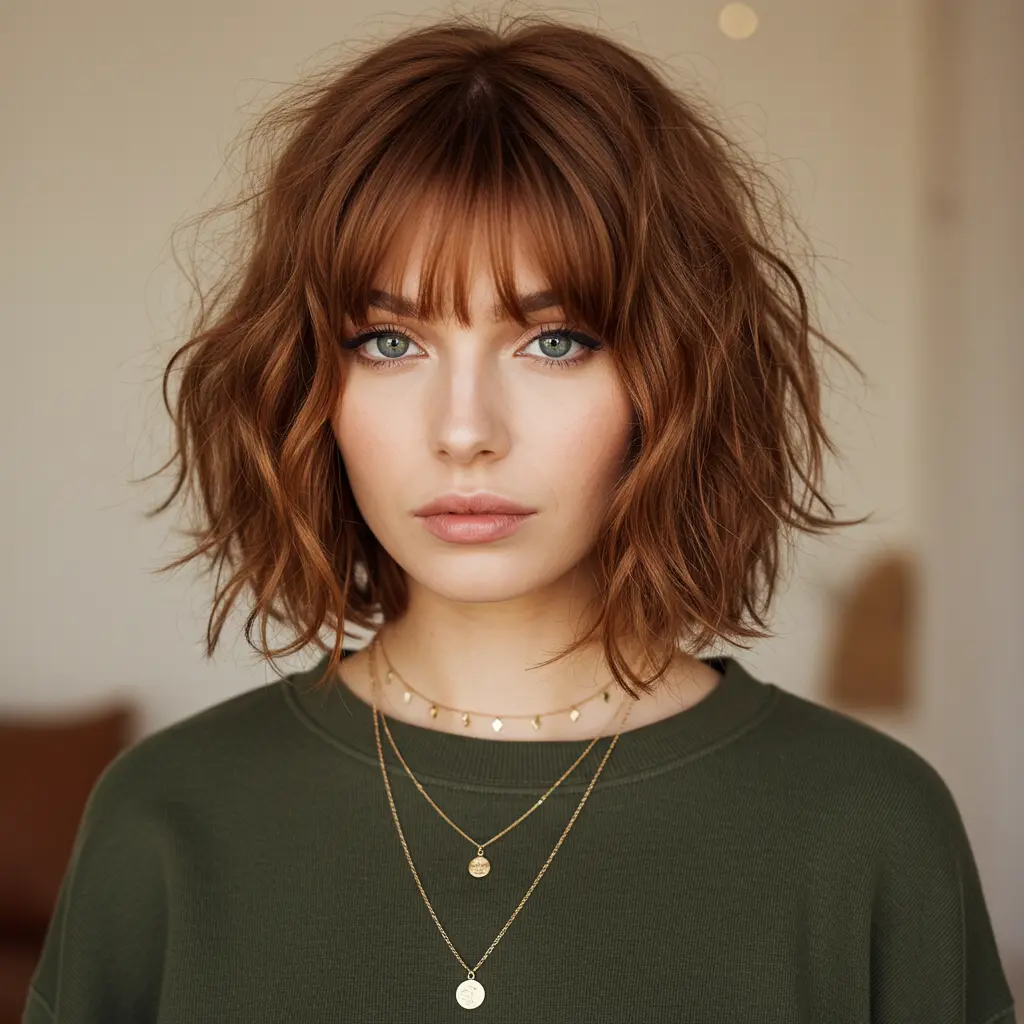 Neck-Length Shaggy Bob with Curtain Fringe