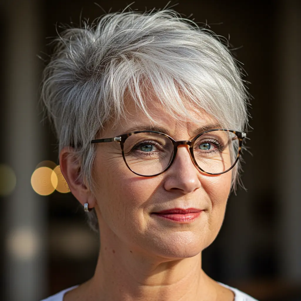 Shaggy Pixie for Older Women with Glasses