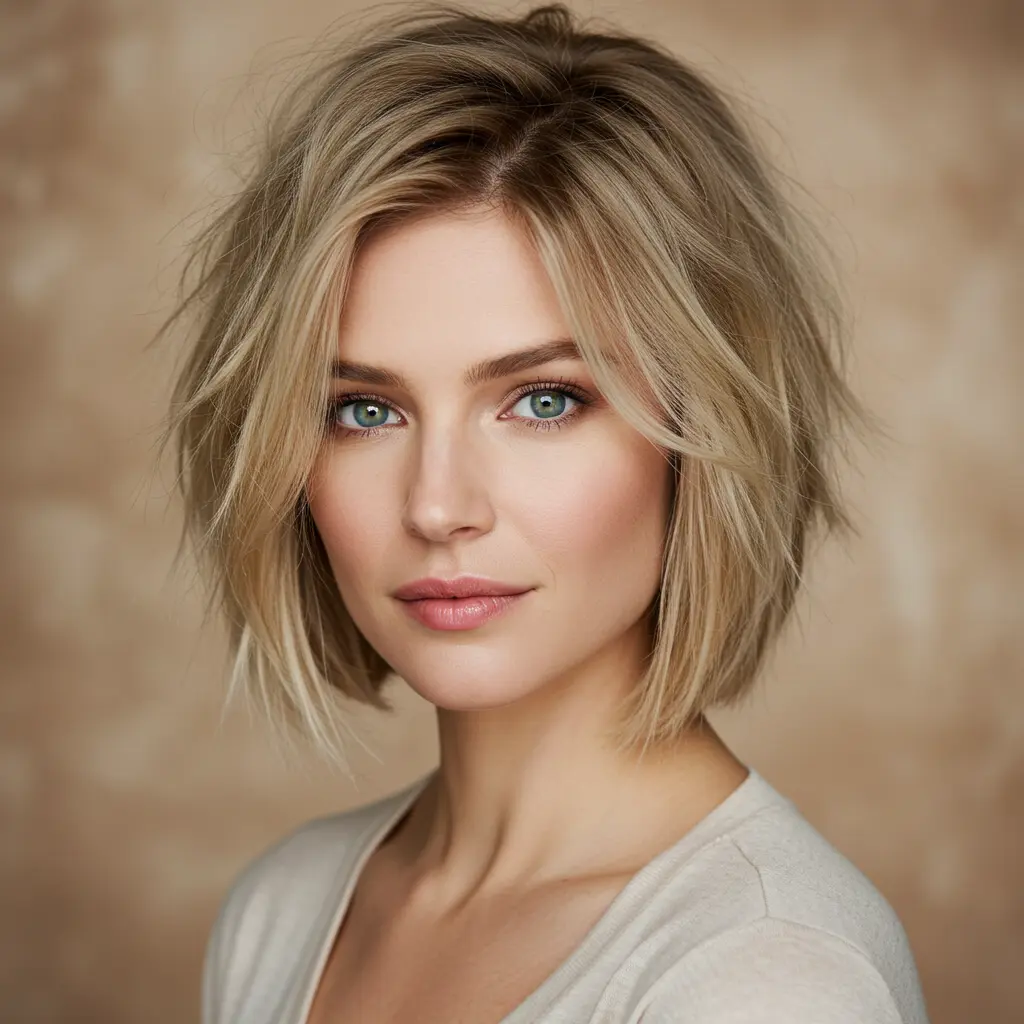 Soft Messy Bob on Rooted Blonde Hair