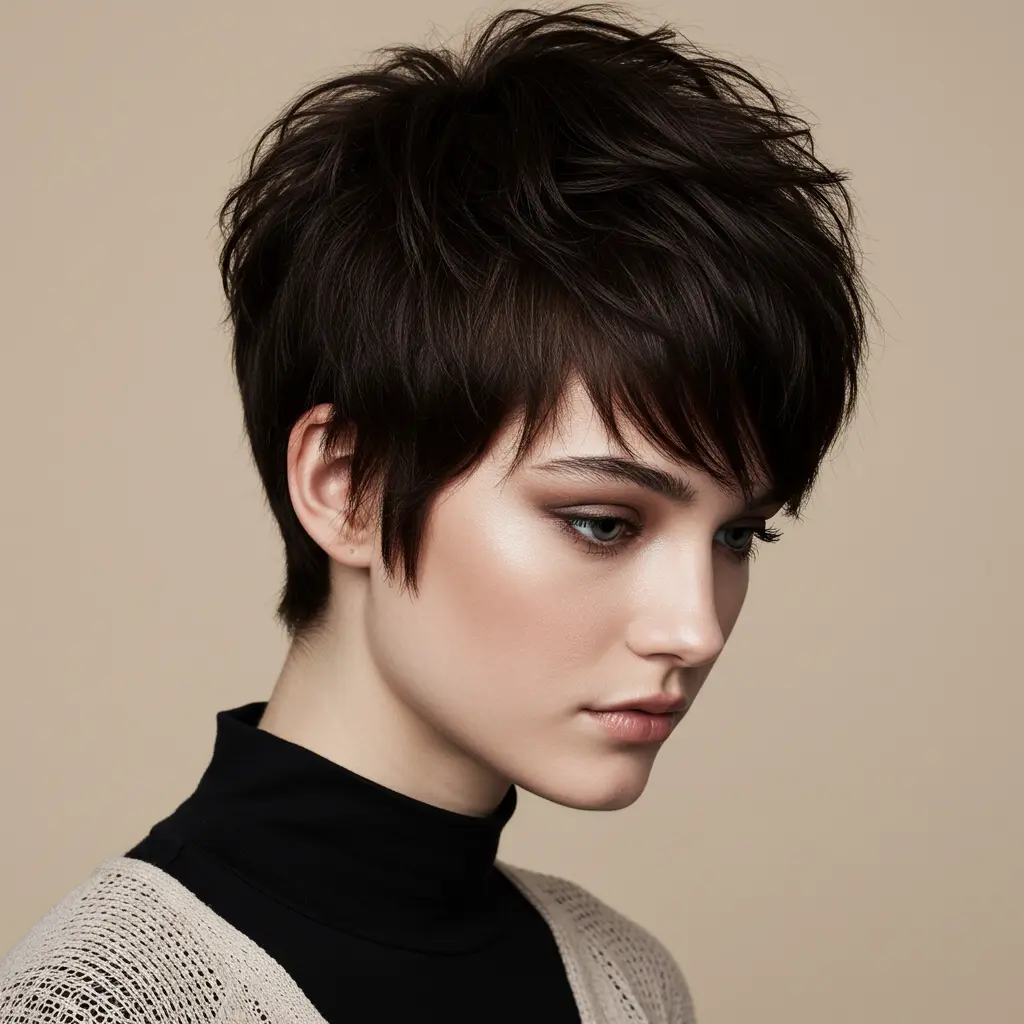 Dark Brown Pixie with Curtain Bangs