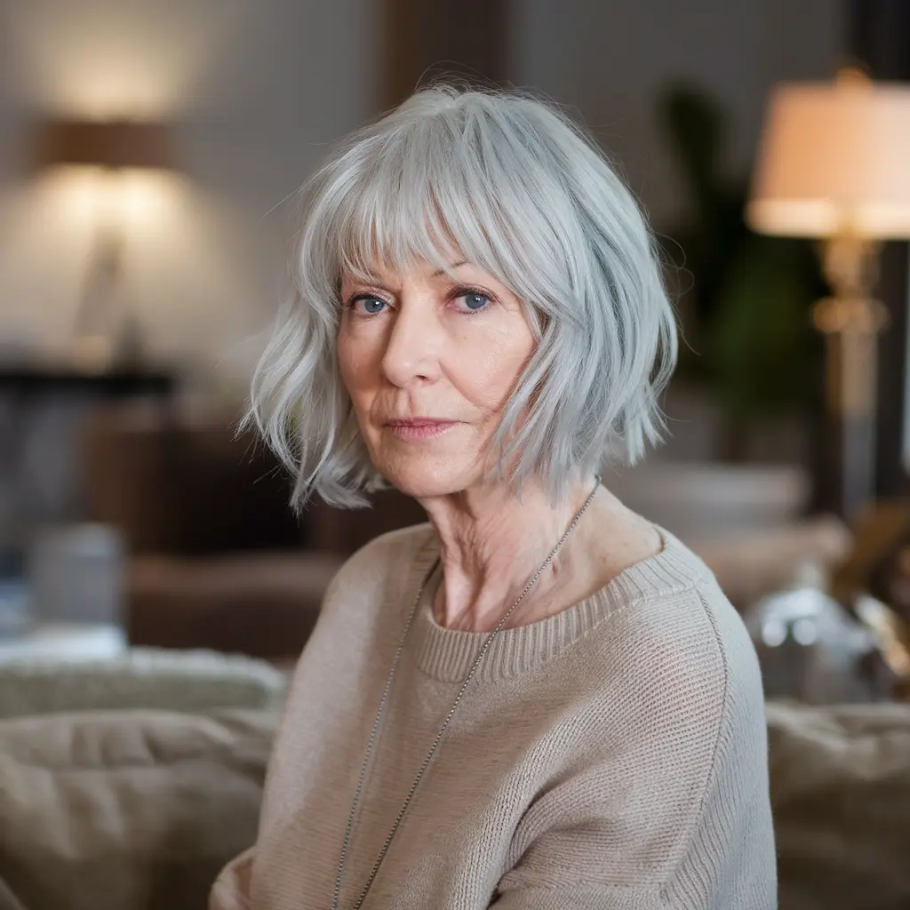 Razor-Cut Shaggy Bob with Bangs for Silver Hair