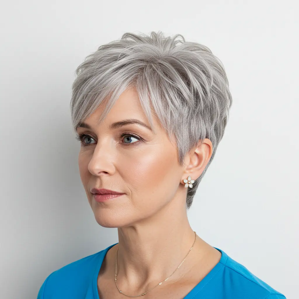 Wispy Feathered Pixie on Silver Hair