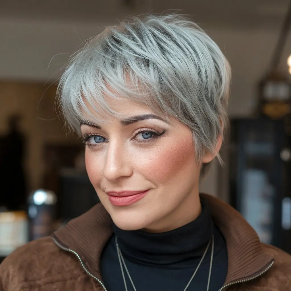 Gray Hair Pixie Cut With Stacked Back