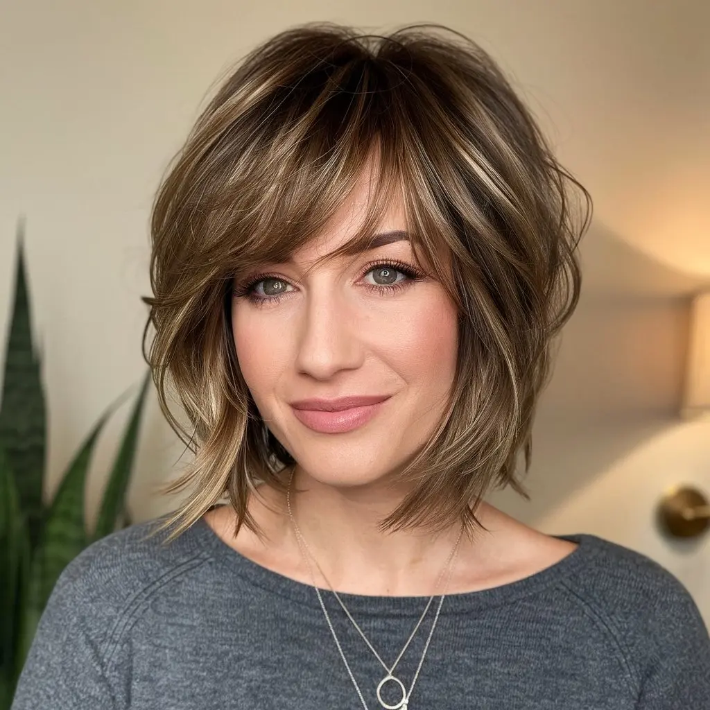 Layered Bob Hairstyle With Short Shag And Bangs