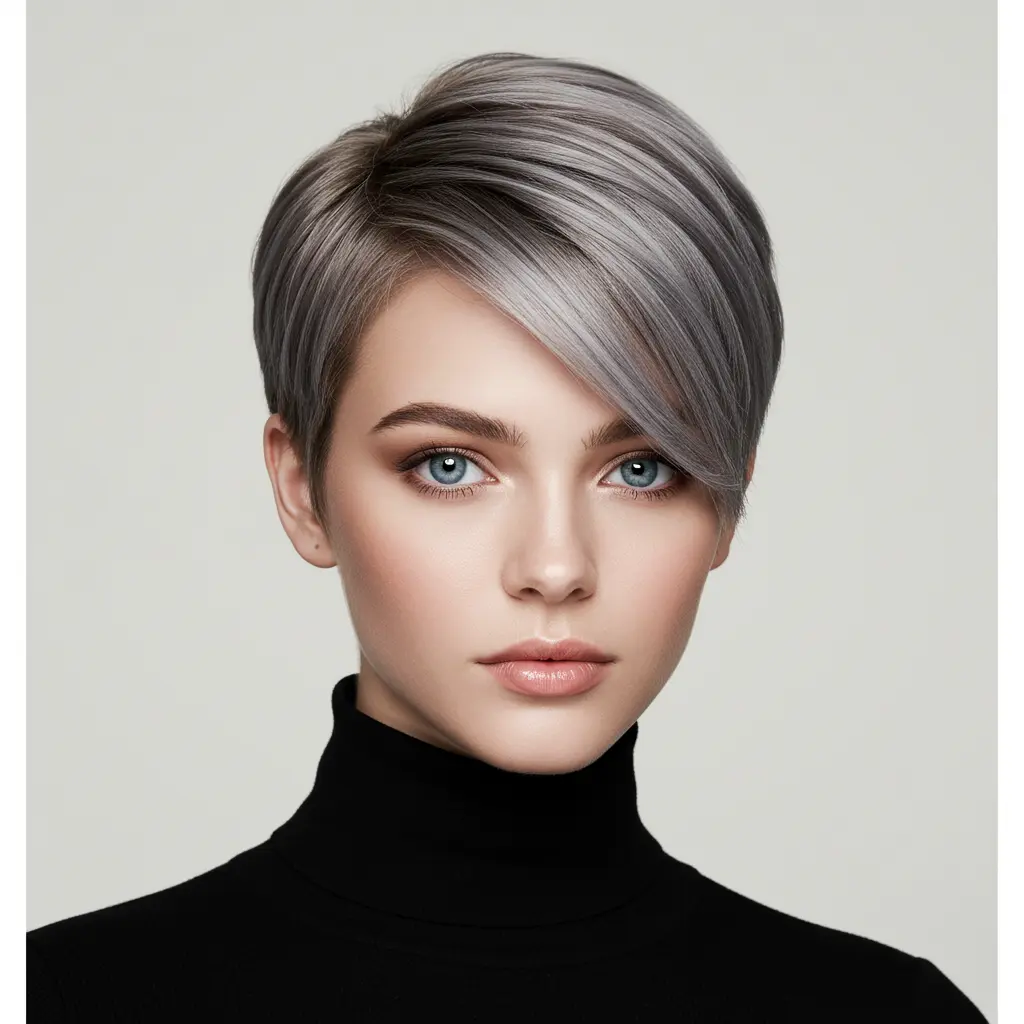 Side-Swept Cropped Pixie with Grey Balayage