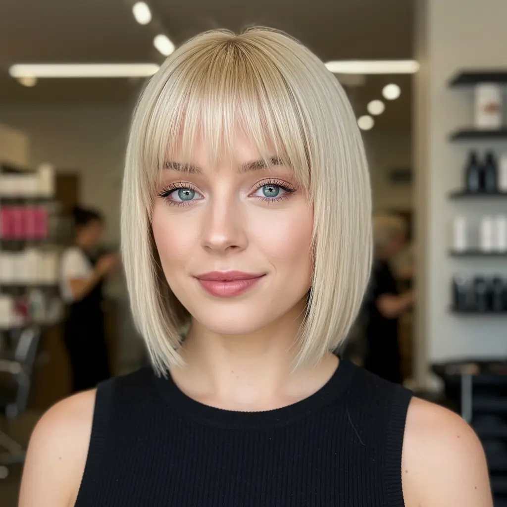 Light Blonde One-Length Bob with Bangs