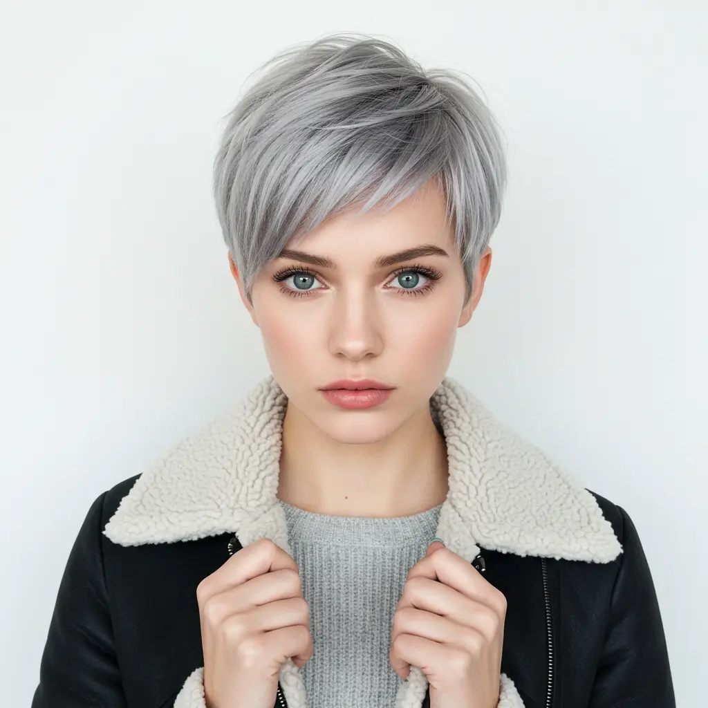 Straight Pixie with a Platinum Gray Hue