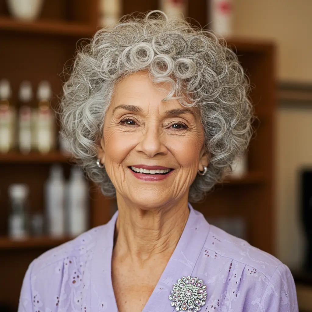 Short Curly Gray Hair with Volume and Lift