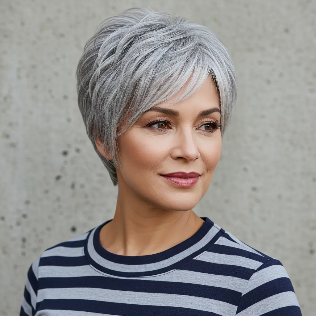 #13 Layered Pixie Grey Hair with Subtle Highlights