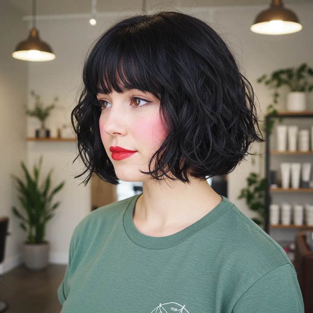 #13 Short Black Hair With Bangs For Round Faces