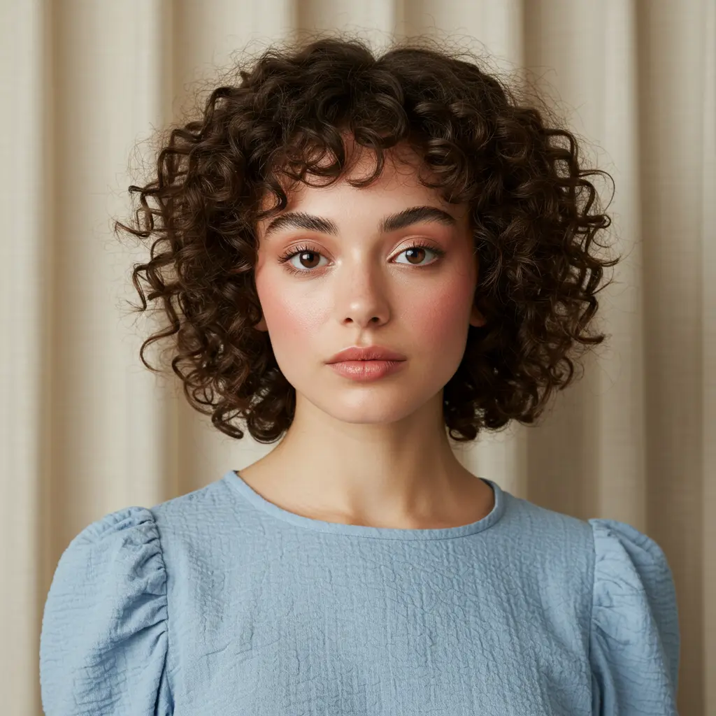 Short Curly Hair with Bangs for Full Cheeks