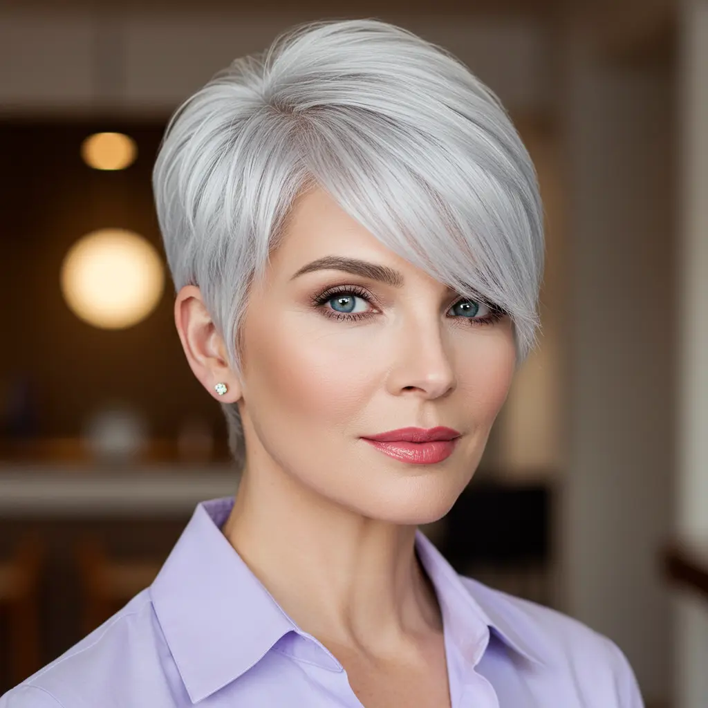 #16 Sleek Silver Pixie with Side Part