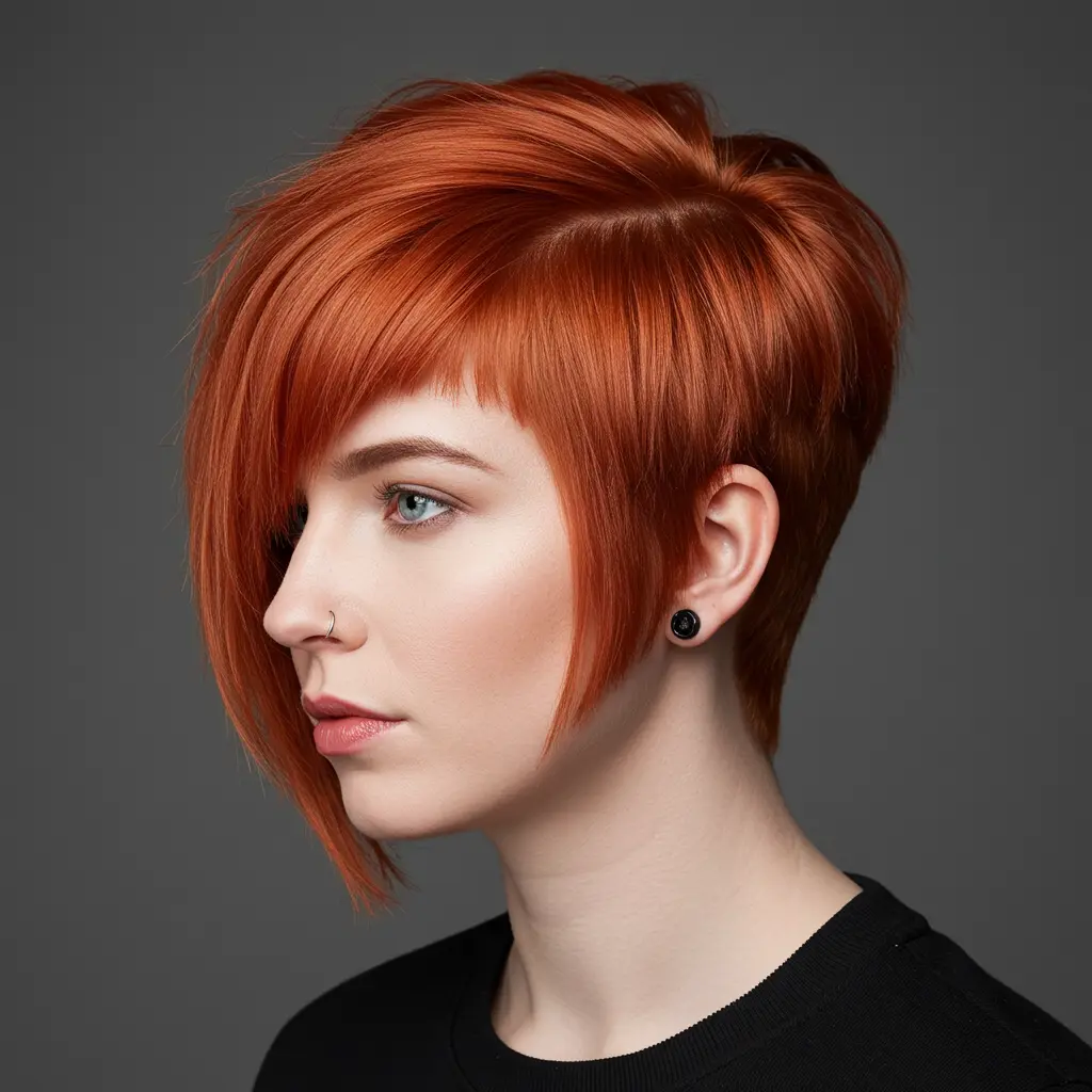 Ginger Red Asymmetrical Long Pixie with Asymmetrical Bangs