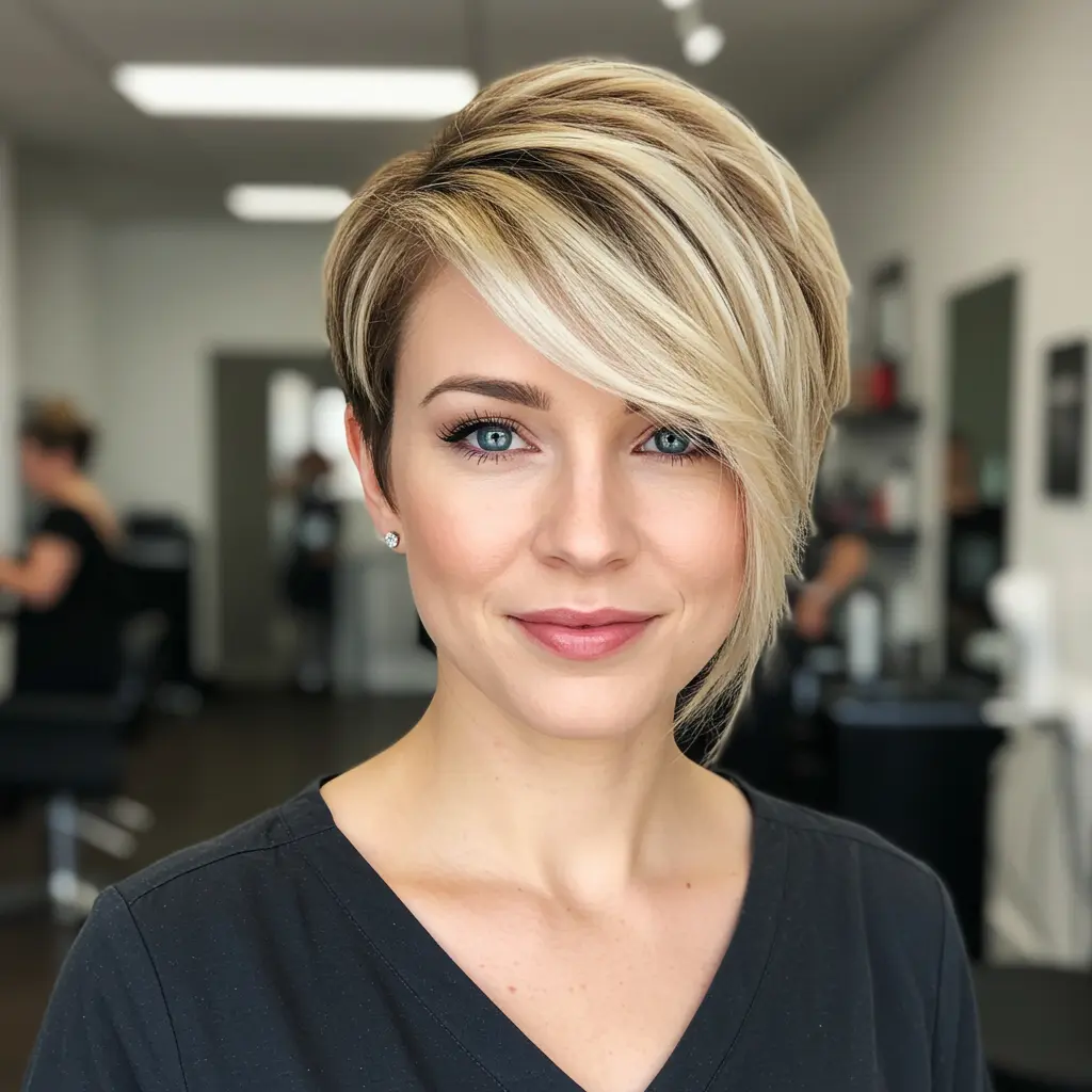 Asymmetric Pixie with Blonde Highlights