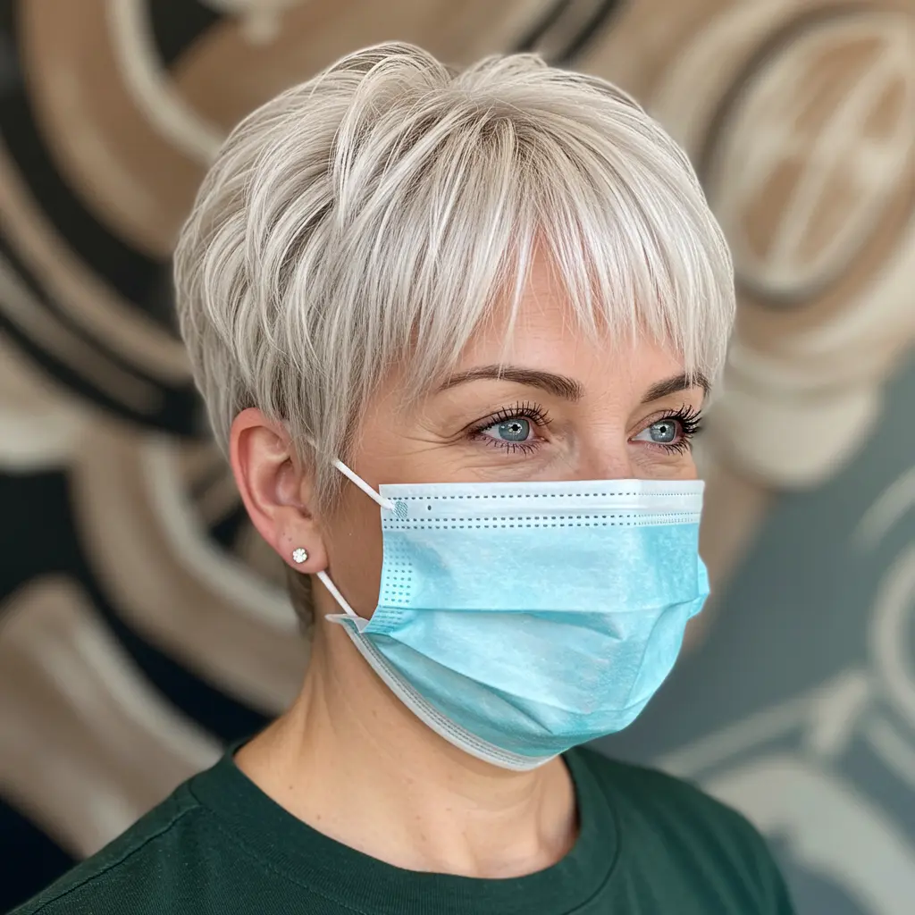White Blonde Pixie Bob with Bangs