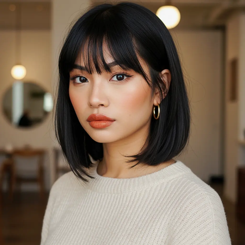 #3 Glossy Black Lob With Airy Bangs