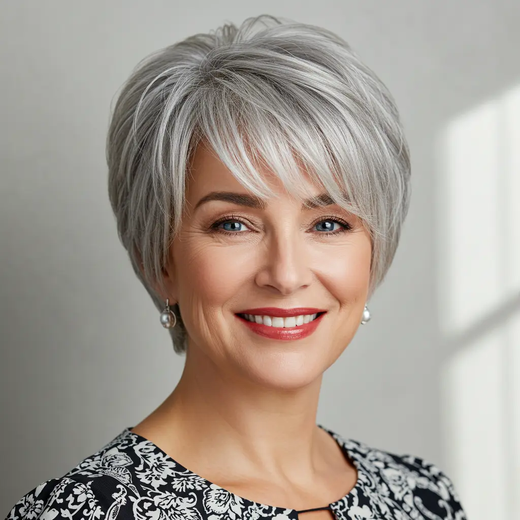 #6 Silver Pixie Haircut with Curtain Bangs