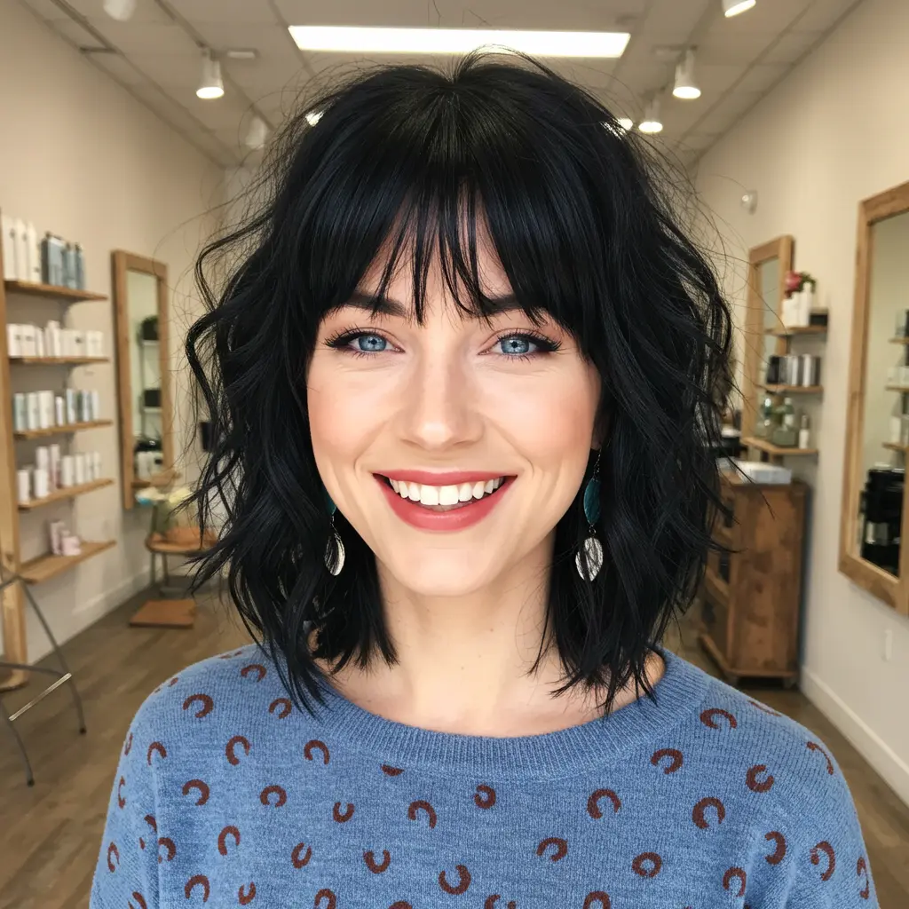 #7 Layered Short Black Hair With Feathered Bangs