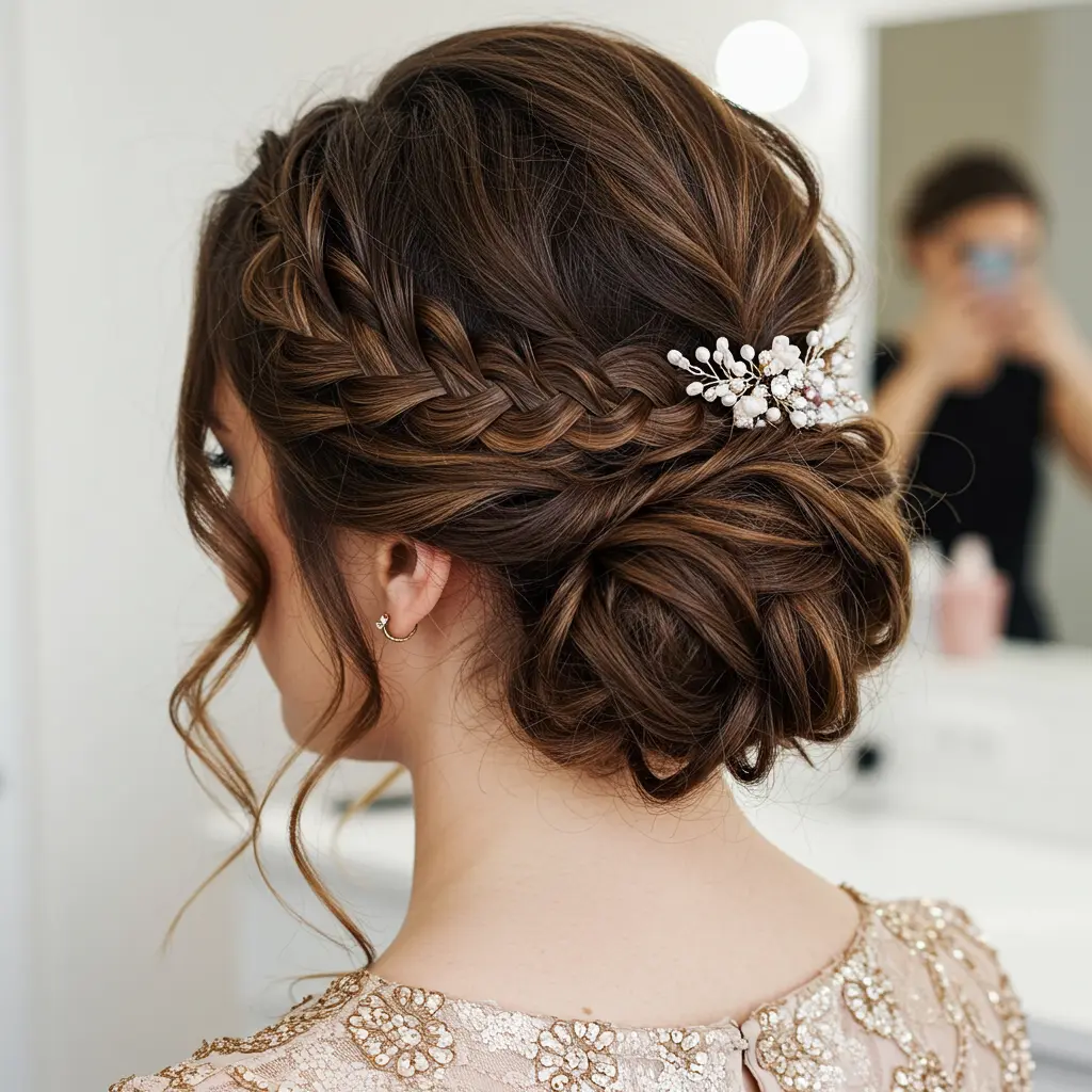 #1 Short Messy Updo with Headband Braid