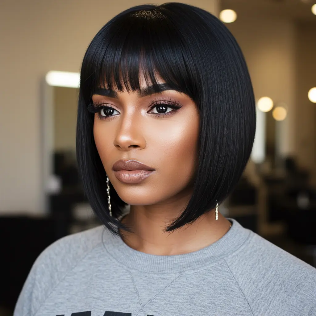 #10 Jet-Black Curtain Fringe on a Bob