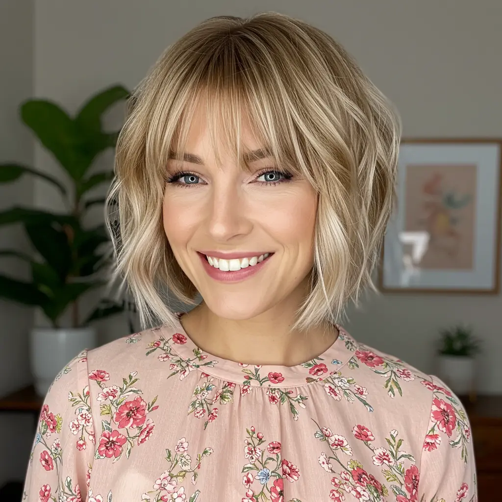 #15 Short Bob with Bangs and Beach Waves