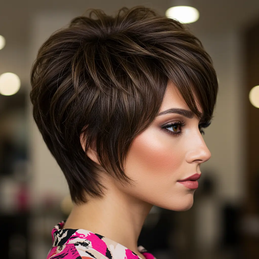 #8 Brunette Feathered and Layered Pixie Bob