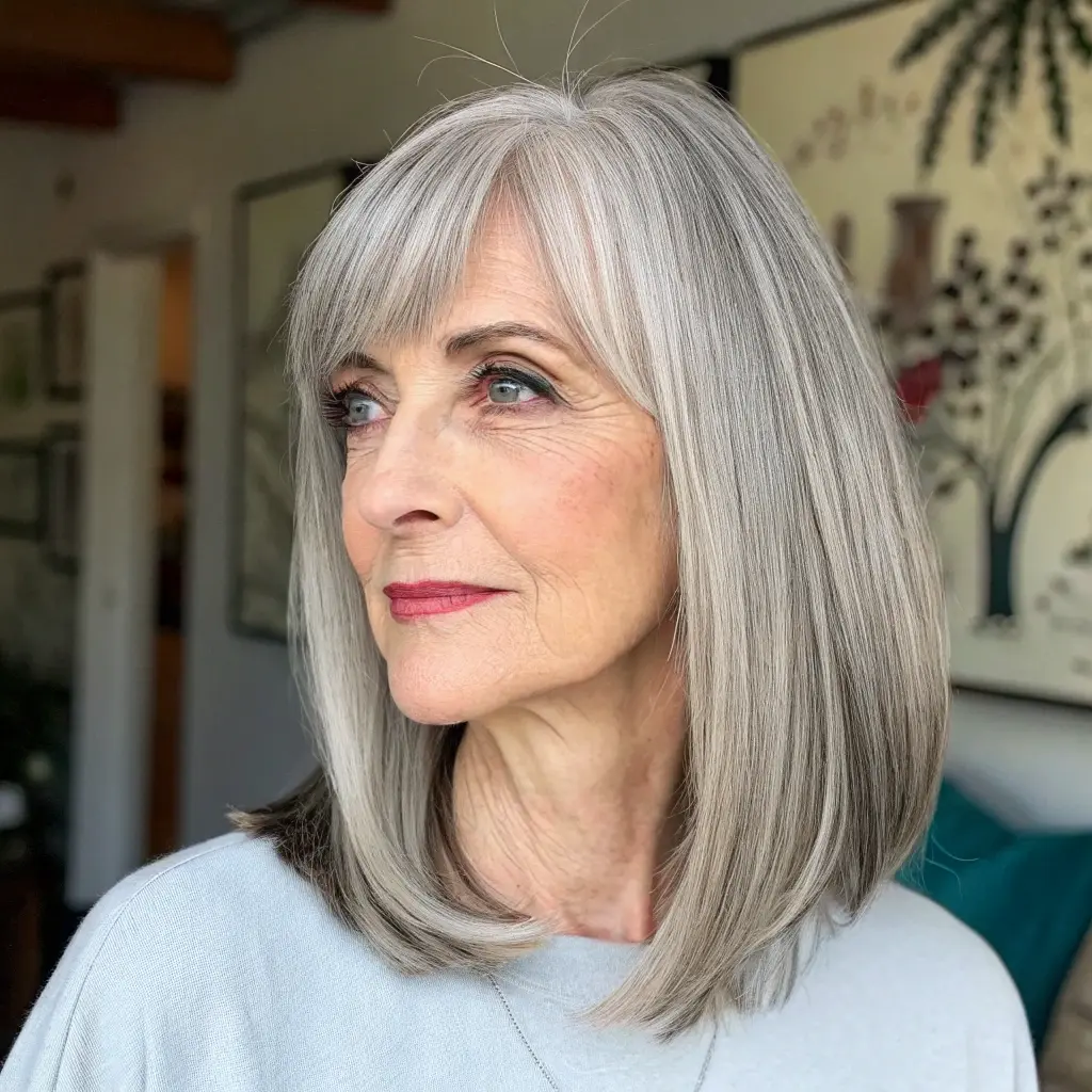 #8 Long Bob with Curtain Bangs for Women Over 70