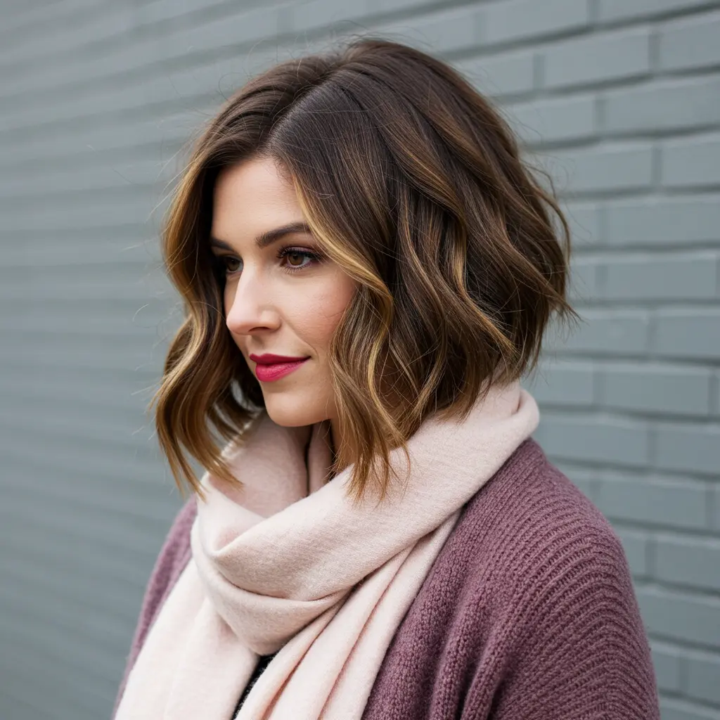 #9 Chin Length Wavy Bob with Subtle Balayage