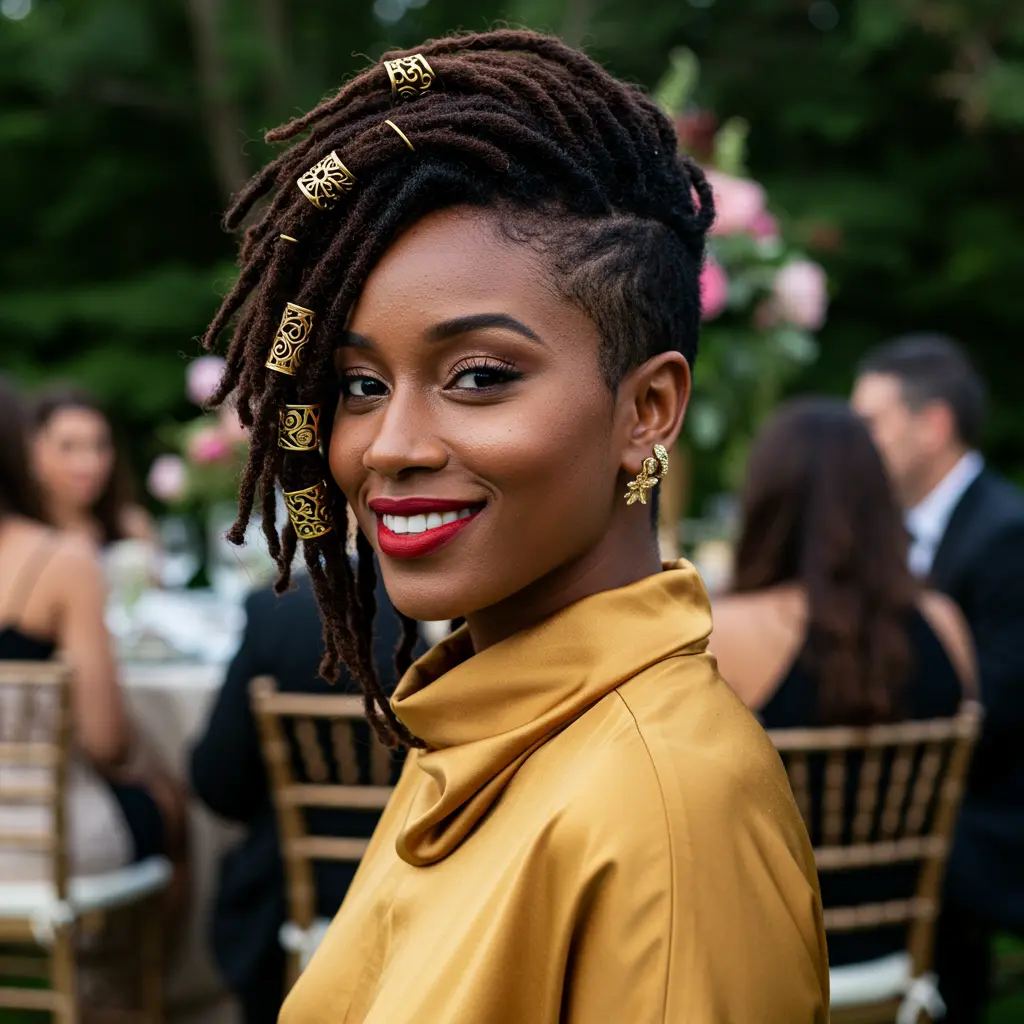 #9 Locs With Gold Cuffs and Side Sweep