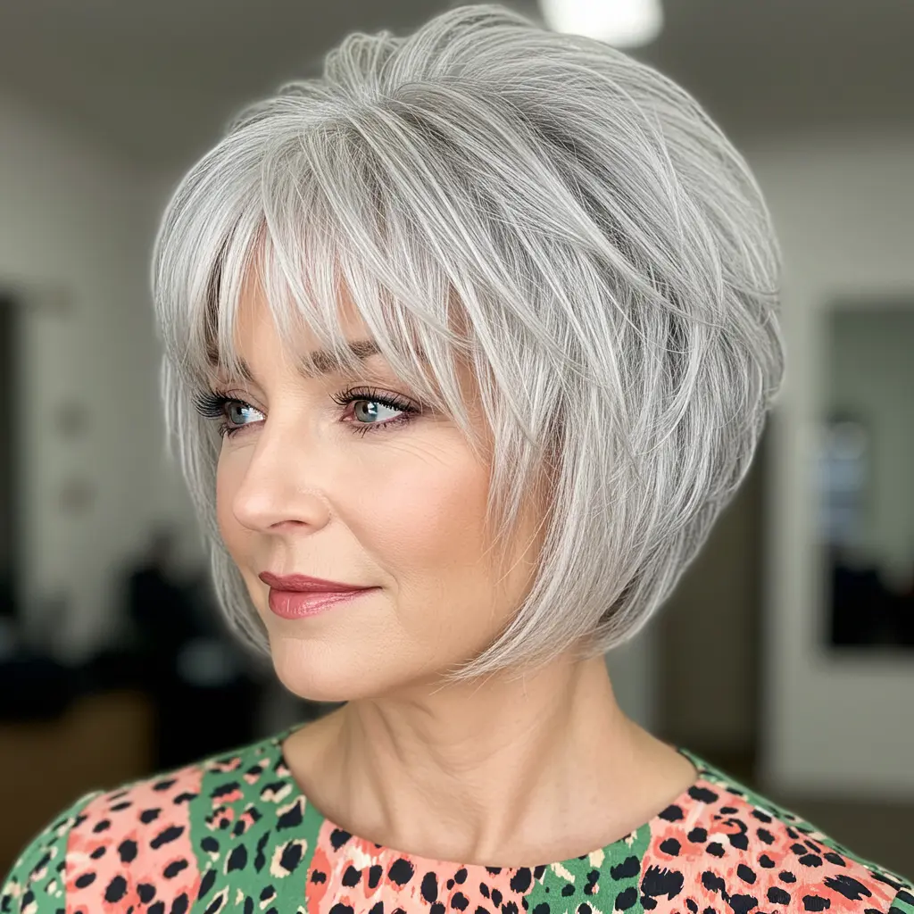 #11 Graduated Bob with Feathered Bangs for Older Women