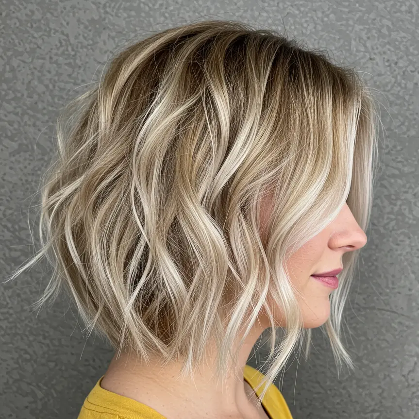 #15 Messy Blonde Balayage Bob with Beach Waves