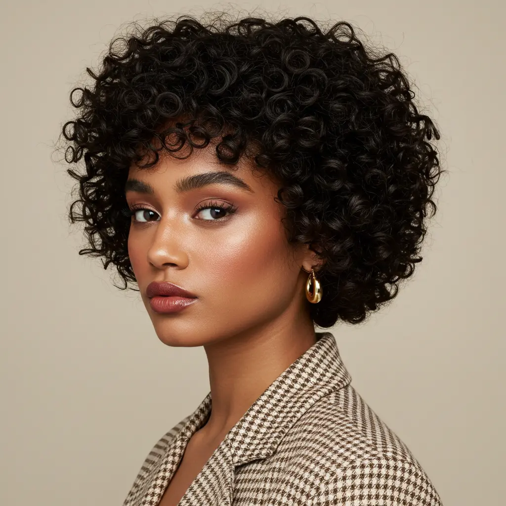 #1 Short and Curly Round Haircut with Fringe