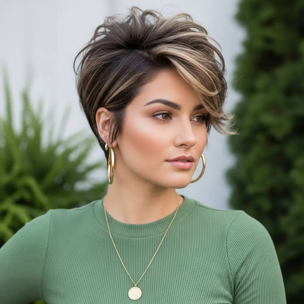 #10 Brunette Long Pixie with Blonde Highlights