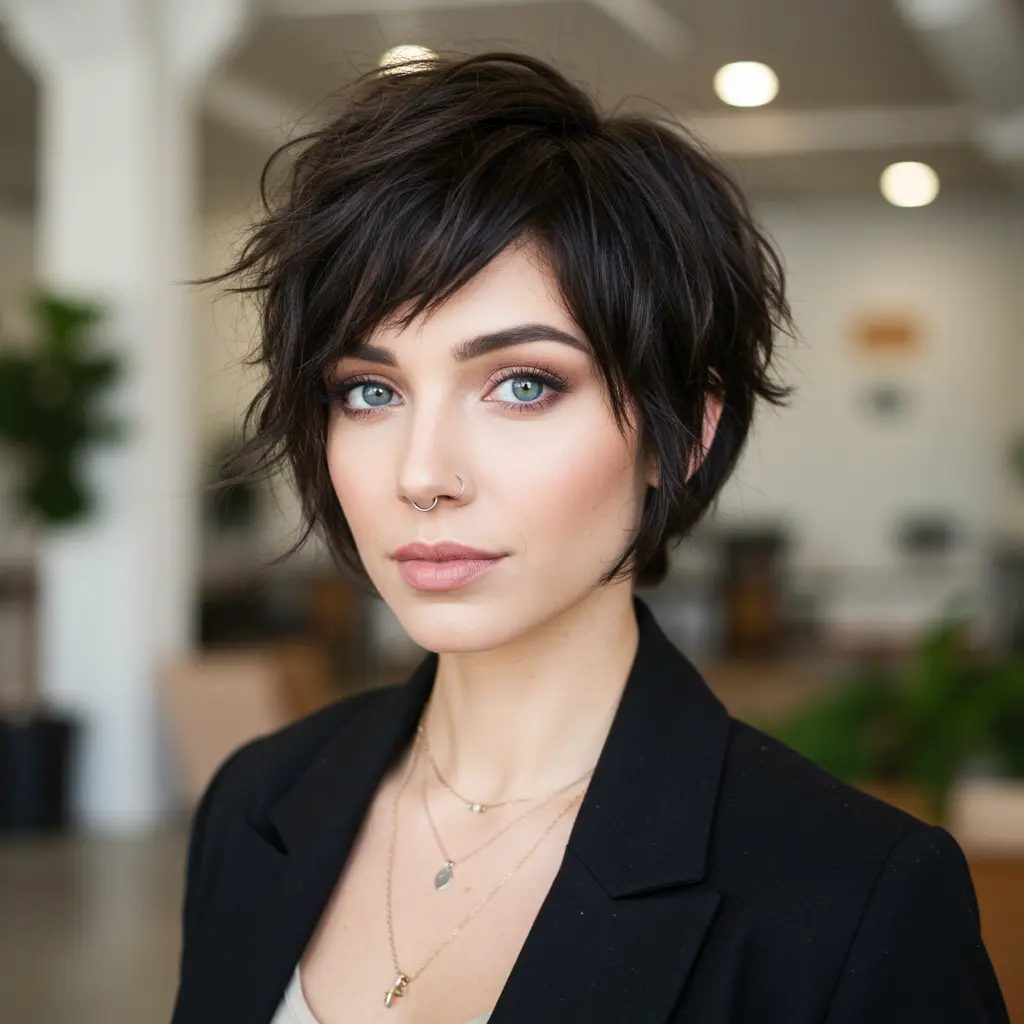 #15 Cute Jet Black Shaggy Pixie Bob Cut