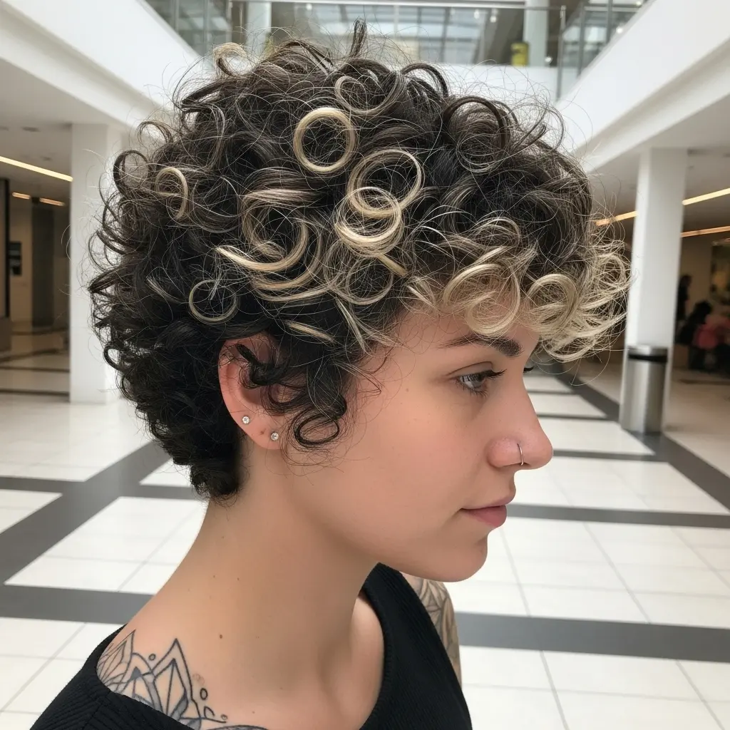 #17 Curly Pixie Crop with Blonde Accents