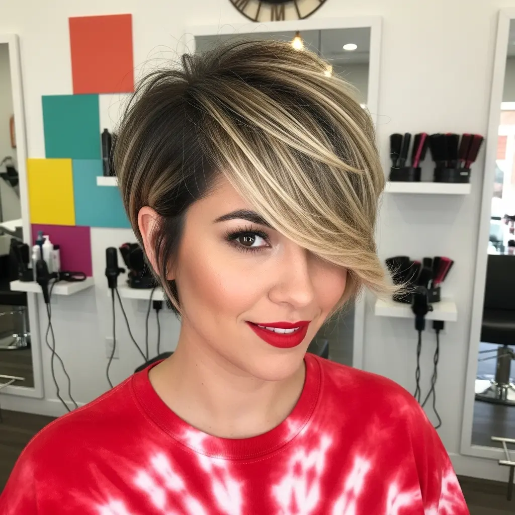 #7 Brunette Sweeping Pixie with Blonde Highlights