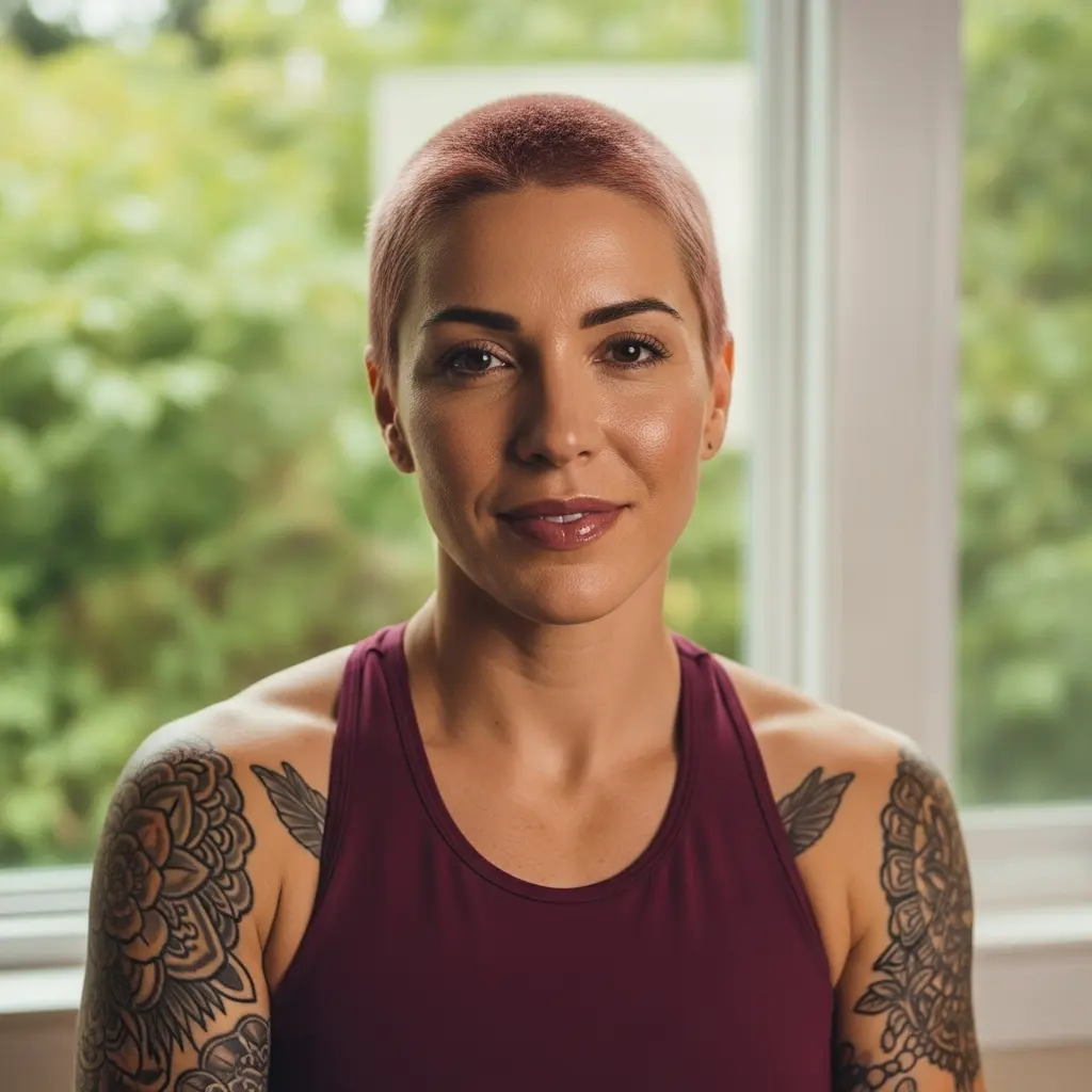 #10 Bold Close-Cropped Buzz Cut with Subtle Rose Tones