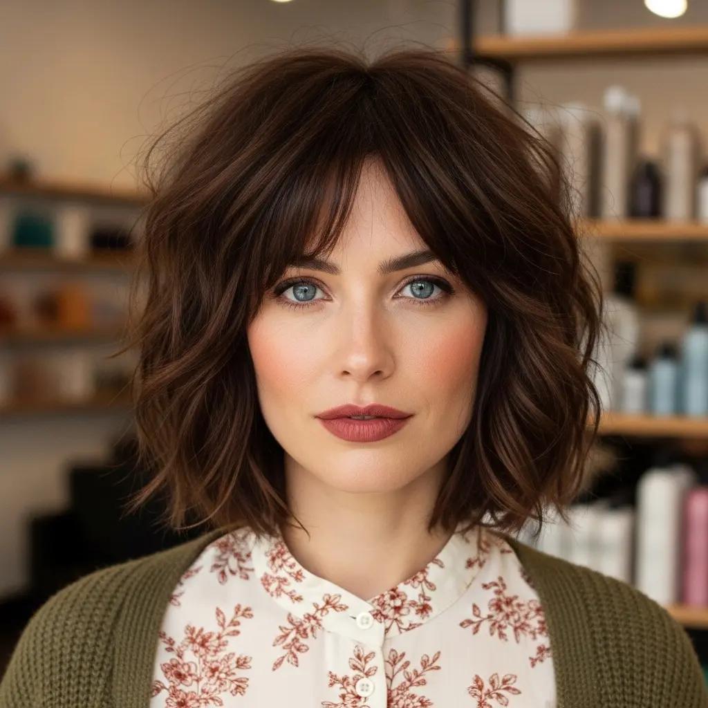 #14 Layered Chestnut Waves with Soft Bangs