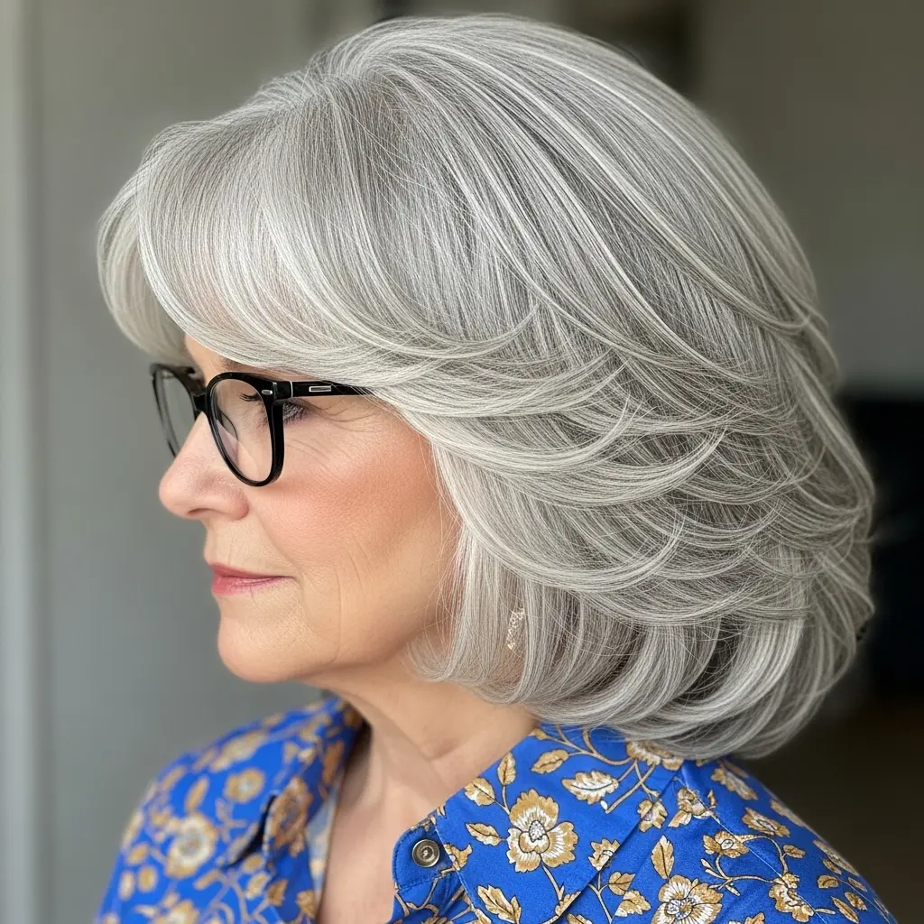 #14 Layered Cut with Feathered Bangs for Gray Hair