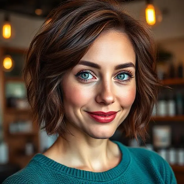 #15 Breezy-Soft Wavy Chocolate Bob with Luminous Highlights