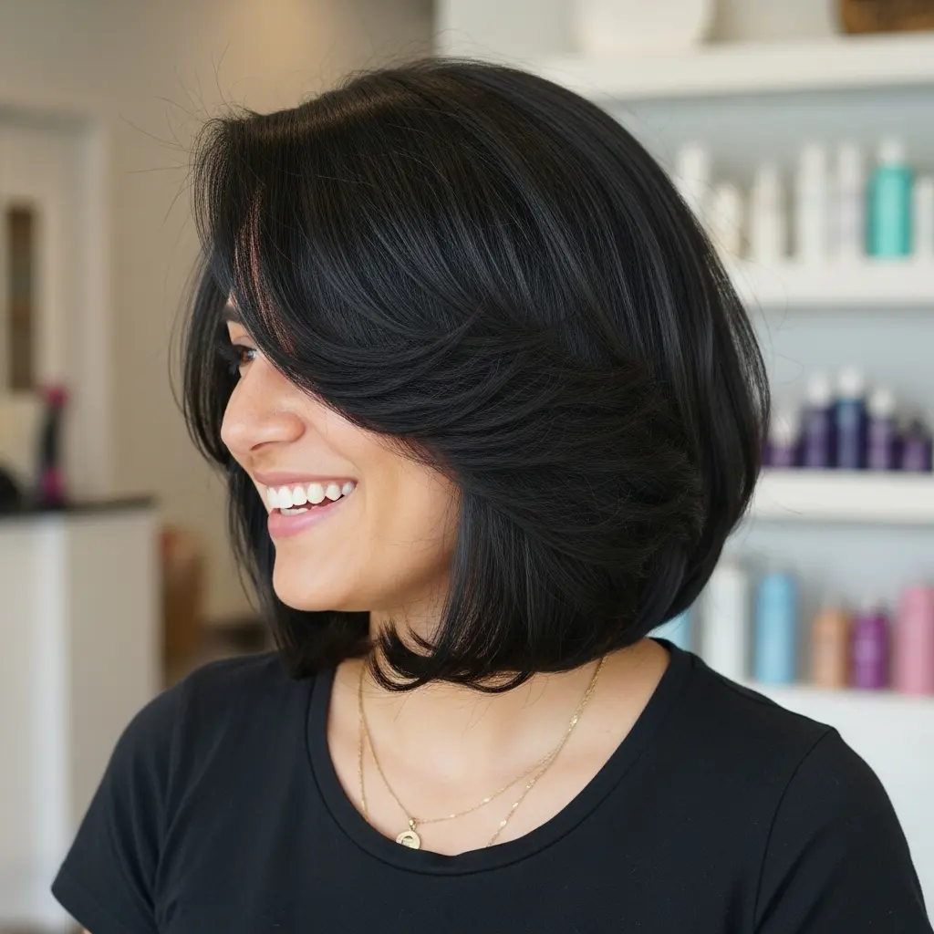 #16 Feathered Angled Bob for Black Hair