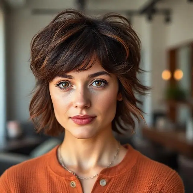 #5 Chic Chocolate-Brown Shag with Curl-Accented Bangs