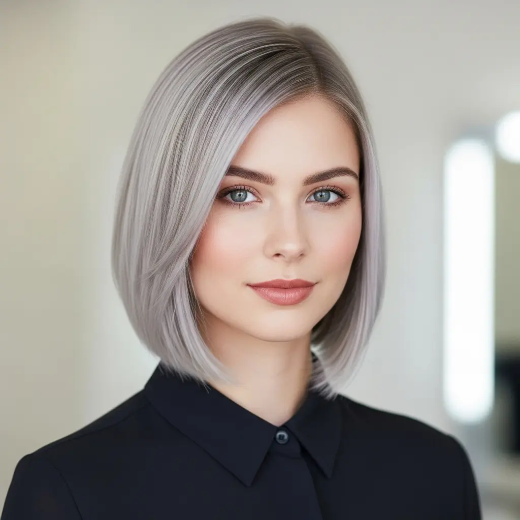 #8 Tapered Medium Bob Haircut with Long Side-Swept Bangs and Ash Blonde Hue