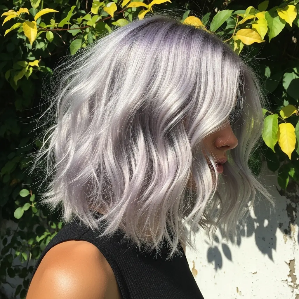 #14 Angled Wavy Bob With Purple Highlights on Silver Hair