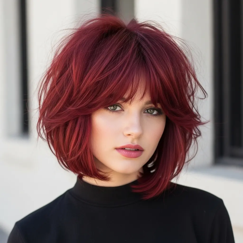 #17 Bold Red Bob with Bangs and Texturized Ends