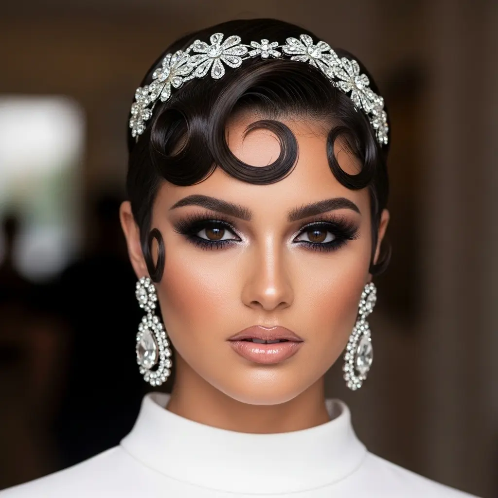 #17 Elegant Short Curls with a Beautiful Head Piece