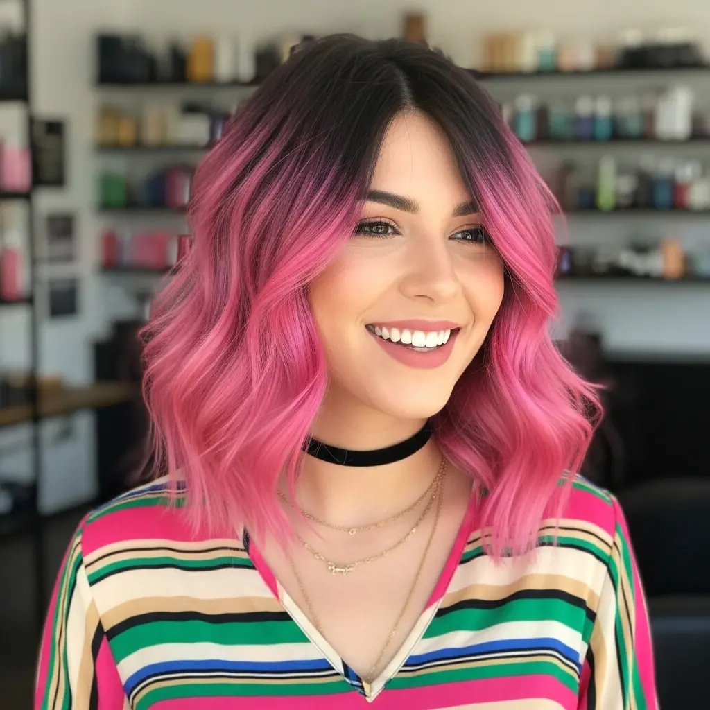 #7 Playful Pink Highlights on Wavy Bob
